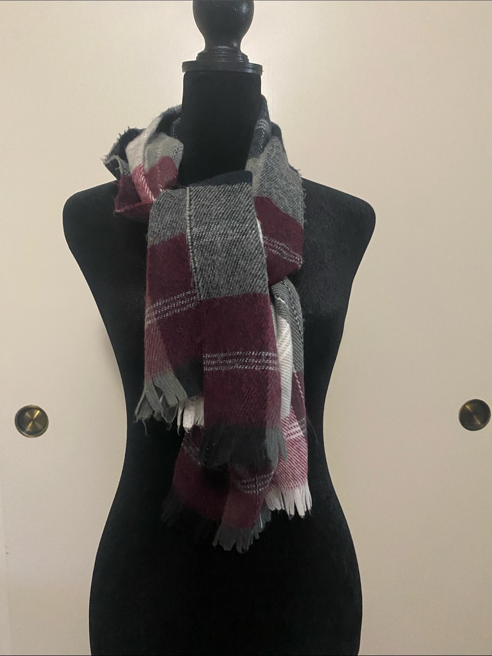 Cozy Plaid Fringe Scarf in Burgundy, Gray & White